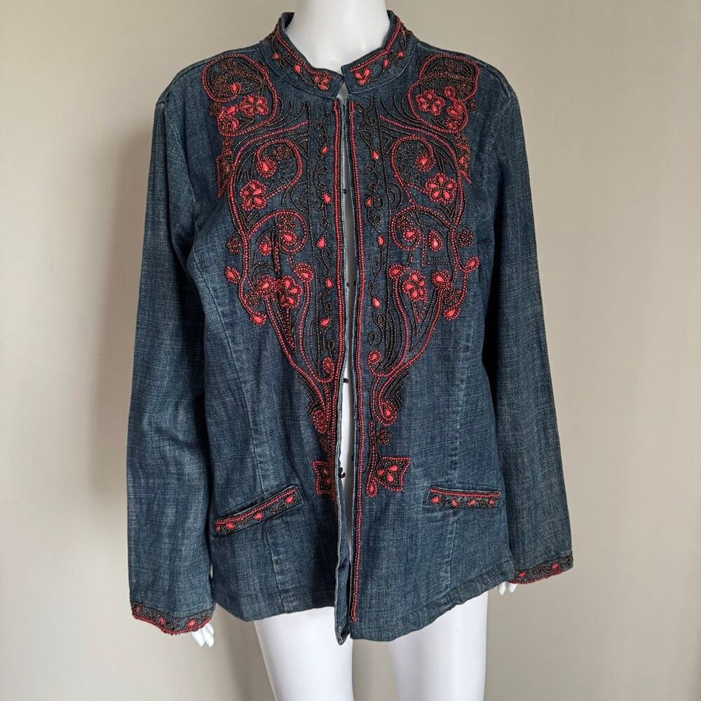 Chicos Denim Embroidered Beaded Jacket Size 3